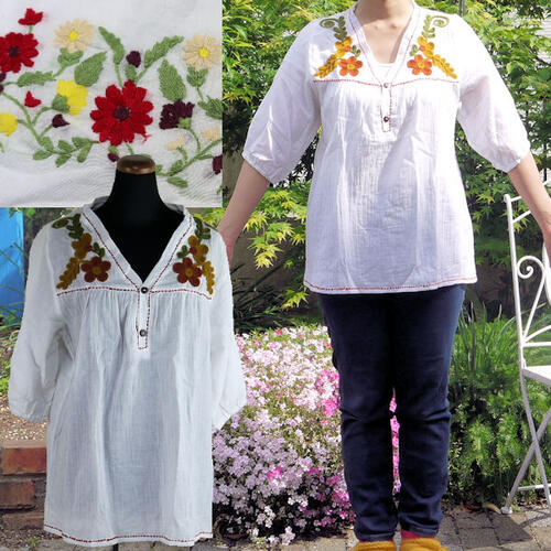 【再入荷】【メール便可】エスニック　ブラウス　トップス 花柄刺繍　半袖 ハーフ袖