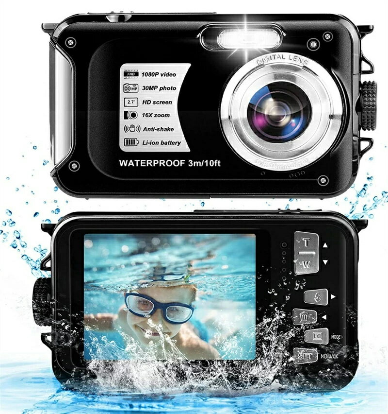 デジカメ 防水カメラ コンパクト デジタルカメラ 水中カメラ 子供用 フルHD1080P 30.0MP 2.7イン チスクリーン16倍デジタルズーム 水下3m 防水 最大128GBのマイクロSDカード対応 や初心者最適ギフト 誕生日プレゼント