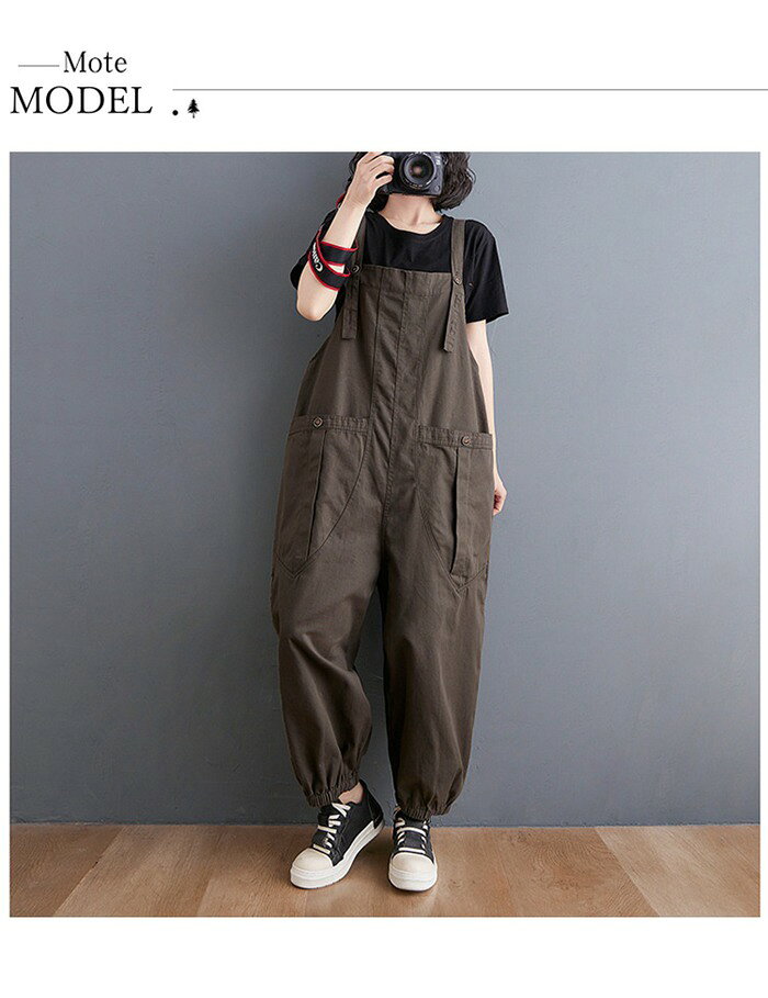 yanagiyaのサロペット オーバーオール レディース サロペットパンツ オールインワン ビッグシルエット ロング丈 パンツ ボトムス 絞り裾 無地 作業着 仕事着 作業服 薄手 マタニティ カジュアル ファッション｜アングル3