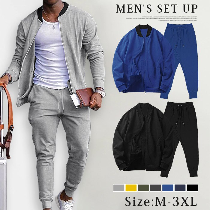 上下セット メンズ ルームウエア 長袖 秋 冬 セットアップ 無地 スタジャン ジャケット ブルゾン スウ..