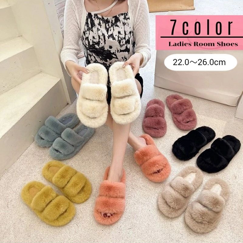 送料無料 ルームシューズ スリッパ レディース 女性 靴 くつ サンダル型 つっかけ 前開き ダブルストラップ ふわふわ もこもこ フェイクファー かわいい 秋 冬