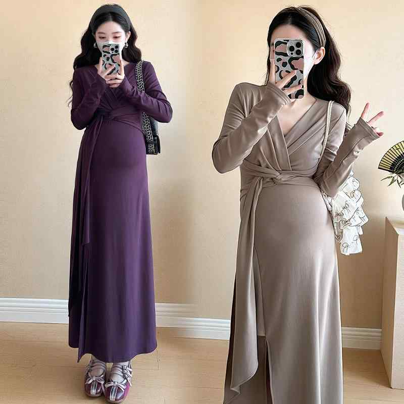 マタニティワンピース 春物 長袖 Vネック Aライン ロング丈 コットン ゆったり 産前 産後 ストリート ..