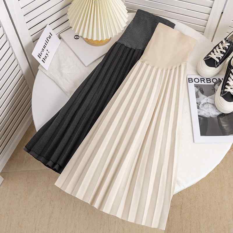 マタニティ スカート 秋冬 Aラインスカート ミモレ丈 無地 ハイウエスト 腹帯付き コットン ブラック ..