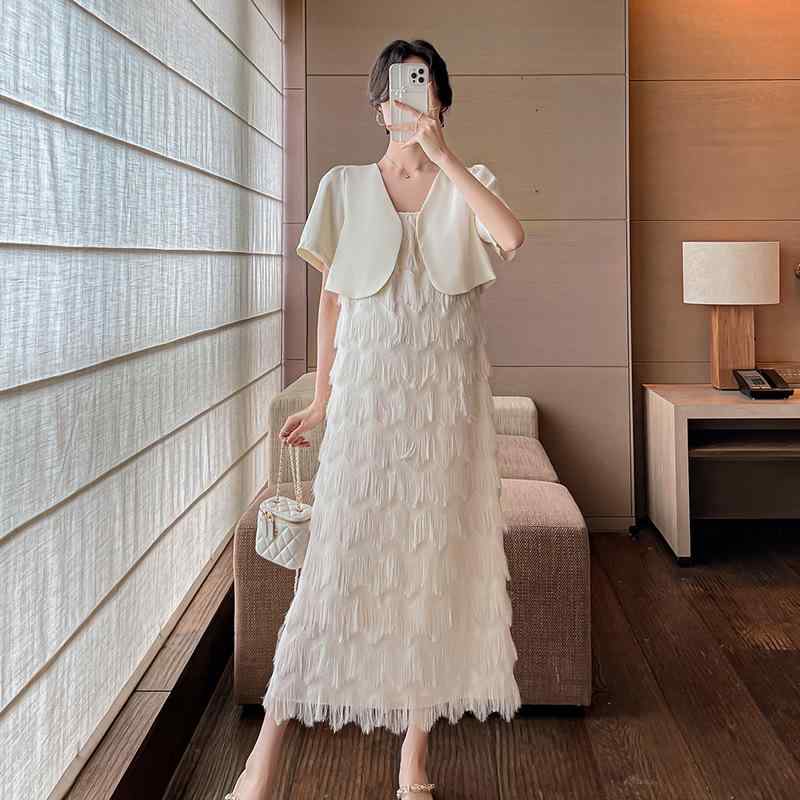 セットアップ レディース 妊婦 授乳服 半袖ジャケット キャミソールワンピース 膝丈 ミディ丈 コットン..