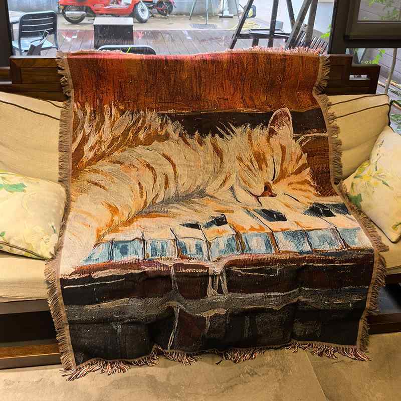 タペストリー かわいい 猫柄 アート ソファカバー ブランケット ベッドカバー ニット 綿混紡 130cm×160..