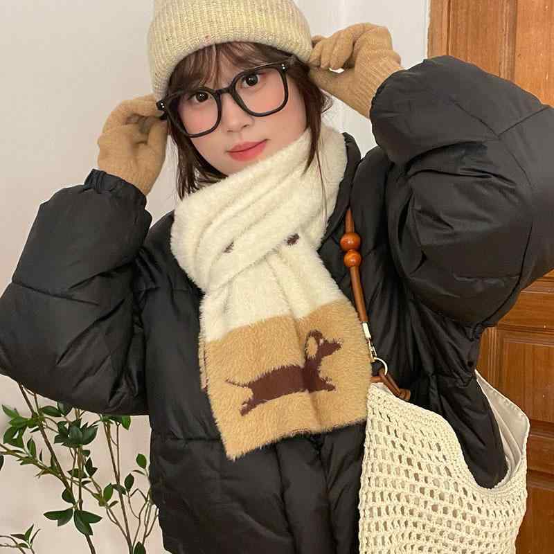 マフラー レディース 学生 ニット かわいい ダックスフンド柄 秋冬 防寒 ショール ストール アニマル柄..