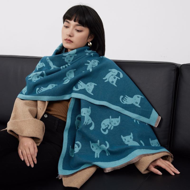 マフラー レディース 猫柄 リバーシブル ジャカード ストール ショール 膝掛け オフィス 防寒 秋冬 か..