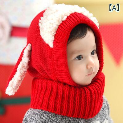 ニット帽 ベビー キッズ 小犬 帽子付き ポンチョ風 秋冬 防寒 ケープ 1歳 2歳 3歳 4歳 かわいい 赤 黄..