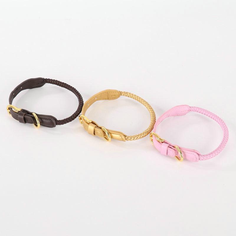 首輪 リード 猫 犬 兼用 小型 中型犬 本革 牽引ロープ コーヒー色 ピンク系 ゴールド