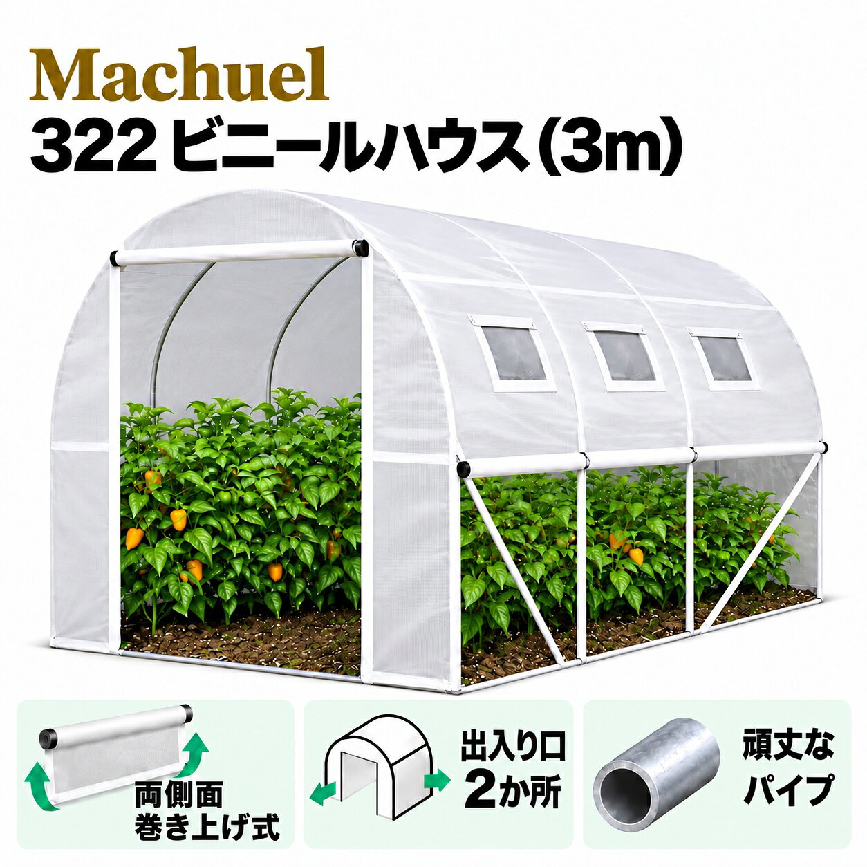 Machuel ビニールハウス 3m 家庭用 大型 温室 家庭菜園【出入口2箇所・両側面巻き上げ・補強パイプ4本】園芸ハウス 簡易温室 3m×2m×2m