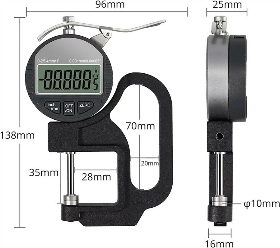 デジタルシックネスゲージ 厚さ測定器 デジタル厚さ測定器 精度0.001mm 測定範囲0〜25.4mm アルミ合金製 LCD大型液晶画面 高精度厚み測定器 3