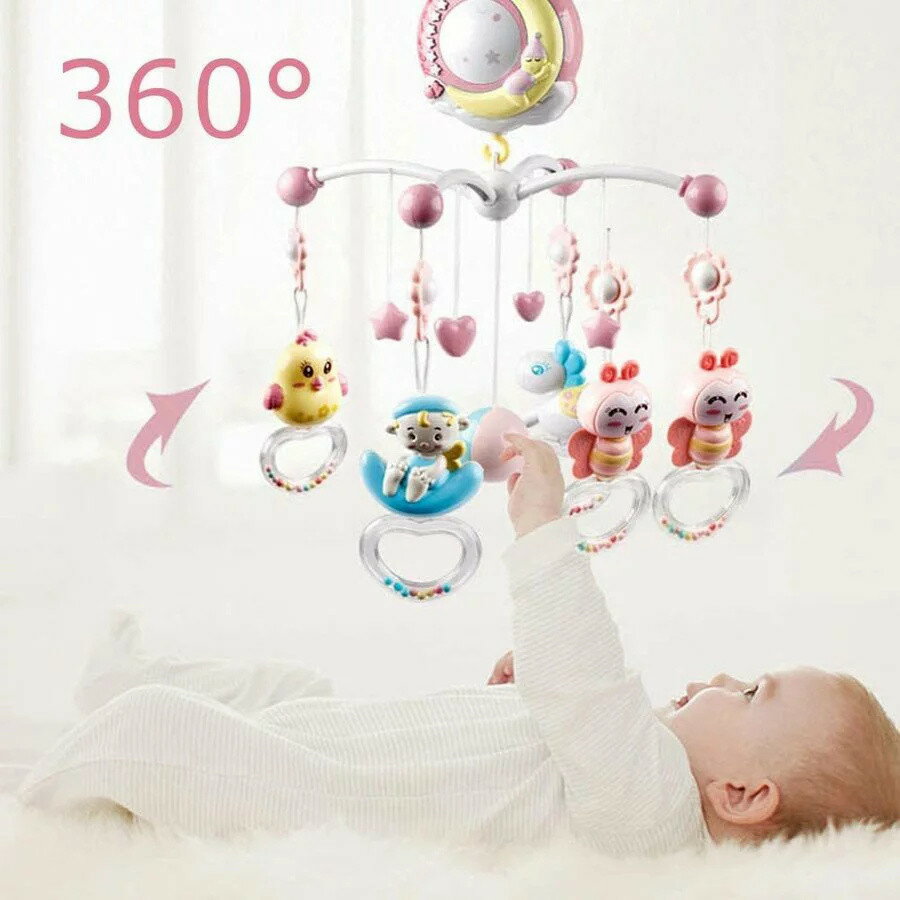 ベッドメリー ベッドメリー ベビーベッドおもちゃ 赤ちゃんメリー ベッドオルゴール 360回転 音楽 投影 リモコン付 新生児 おもちゃ 知育寝具 簡単に眠り 出産祝い（ピンク）