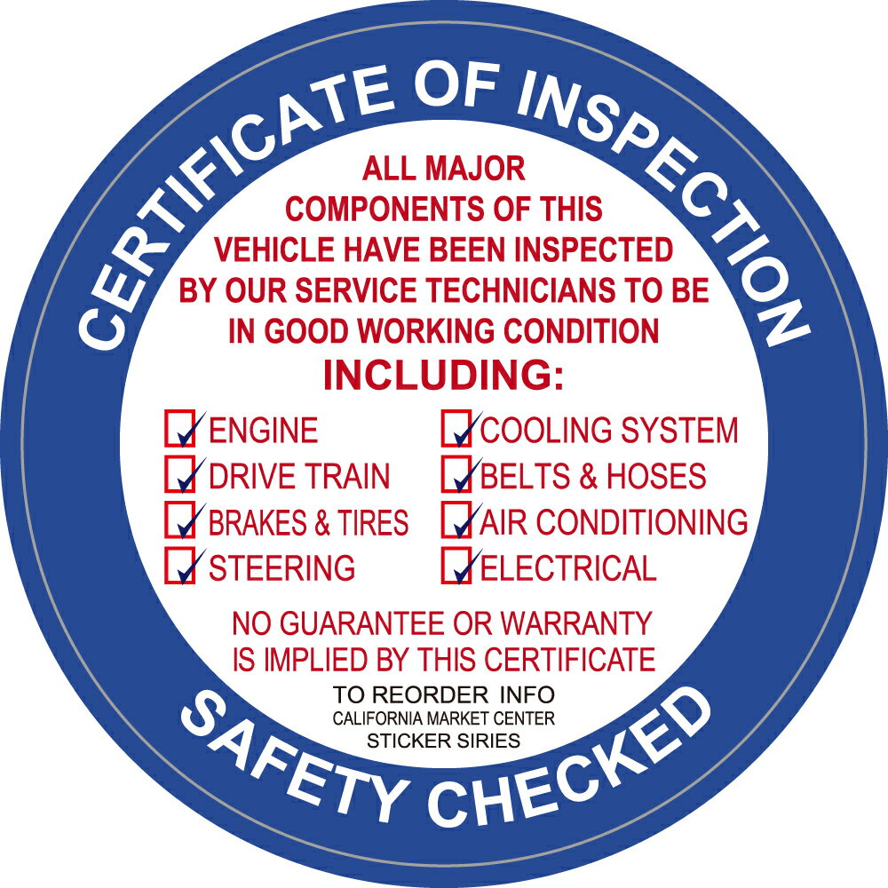 090 クルマ整備チェックステッカー青 ｜アメリカンステッカー スーツケース シール ステッカー 耐水 耐紫外線 屋外用 カリフォルニアステッカー バンパーステッカー SAFETY CHECKED