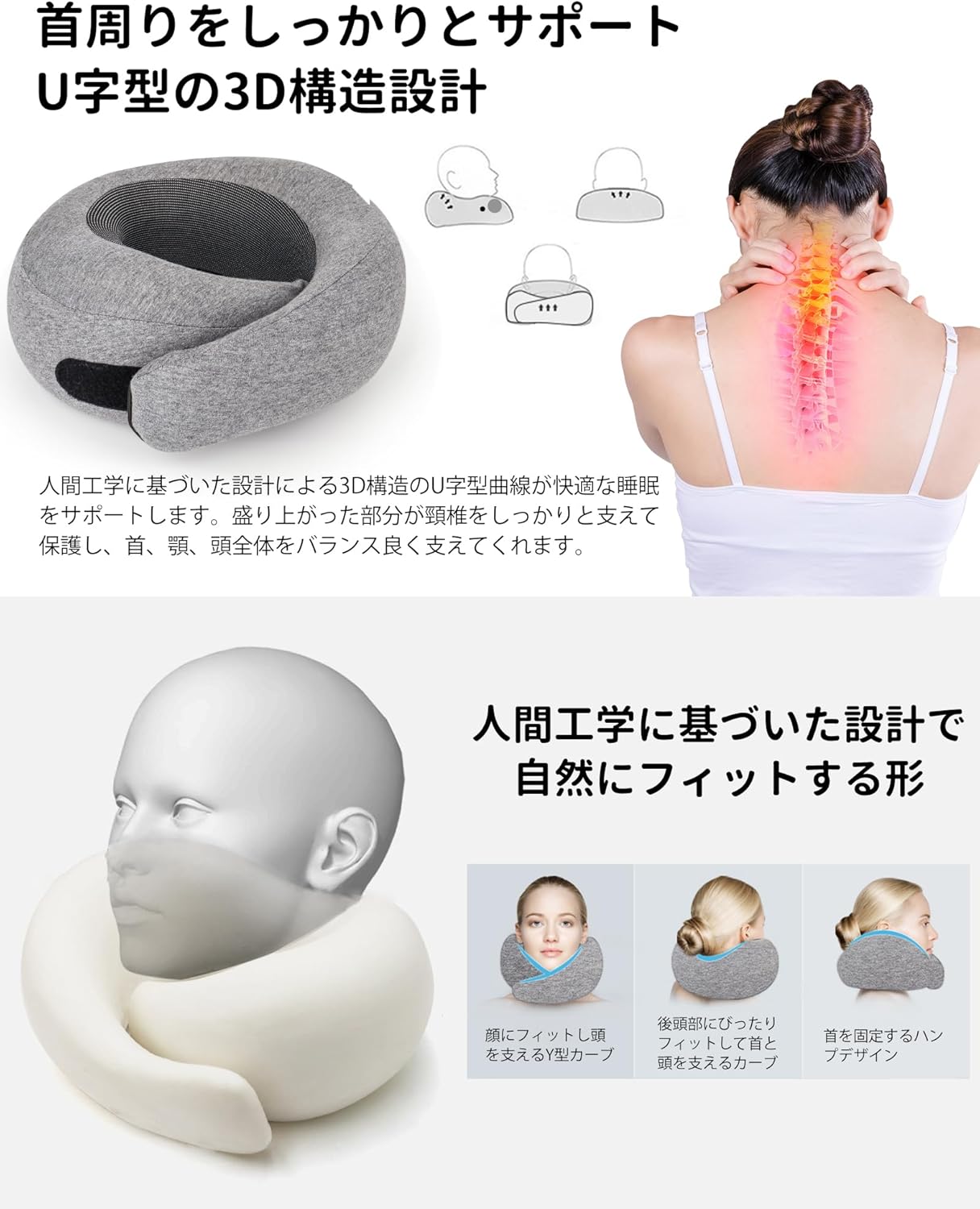【快適さを求めるあなたへ】ネックピロー 低反発 首枕 飛行機 U型 携帯枕 コンパクト ストレートネック 枕 カバー洗濯可 持ち運び便利 エアー枕 旅行 便利グッズ 車 夜行深夜バス 新幹線 ソファ 椅子 旅行 お昼寝 仮眠 防災用 グレー yankitistore-10001260 やん吉ストア サンプル画像2