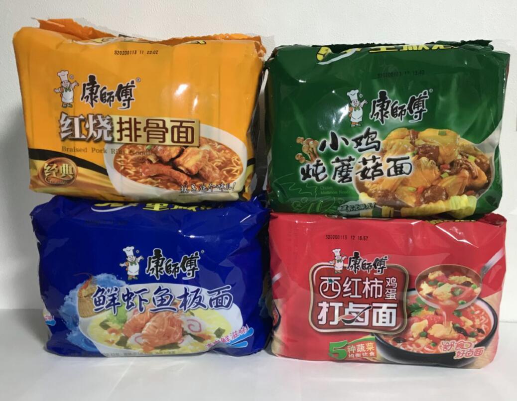 大人気康師傅面【4点セット」 「鮮蝦魚板麺」「小鳥椎茸面」「紅焼排骨面」「トマト卵面」「葱香排骨面」 口味指定不可 お任せる 4点セット