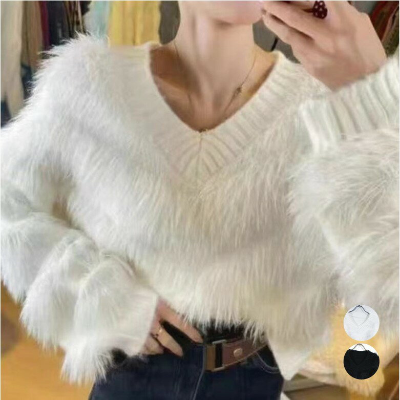 Vネック ショート丈 フリンジ シャギー ニット レディース 【 送料無料 】 韓国 ファッション ギャル クロップド ふわふわ もこもこ 秋 冬 60-677のサムネイル