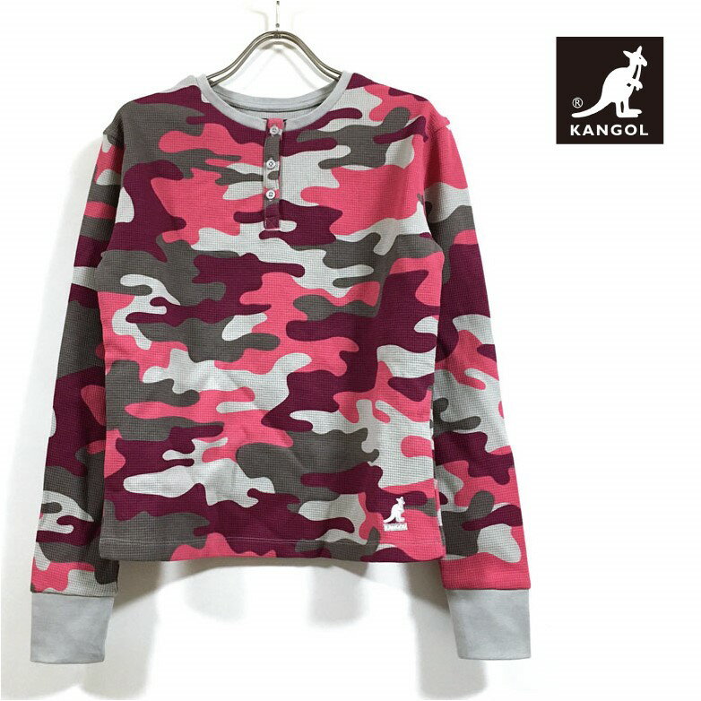 カンゴール KANGOL ワッフル カモ ヘンリーネック ショート丈 長袖 Tシャツ k8115 レディース  WAFFLE CAMO HENLEY ロンt 迷彩 クロップド トップス ストリート インポート ブランドロゴ 総柄 カンガルー ファッション USサイズ