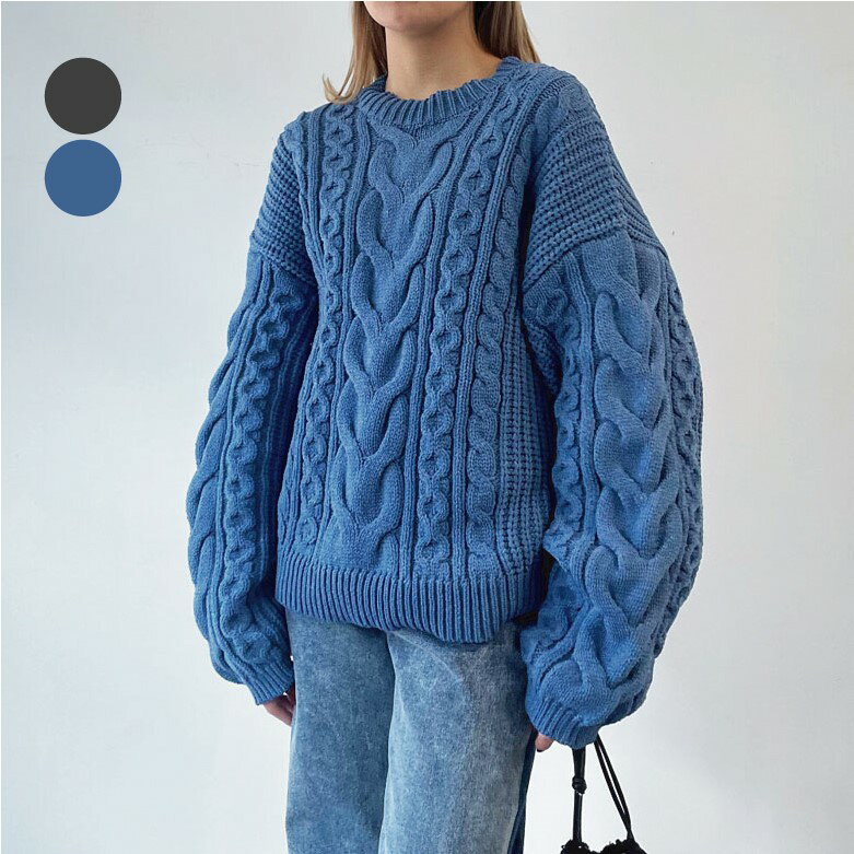 【 ラスト1点売り尽くし 】ポリ ケーブル編み クルーネック セーター レディース 【 送料無料 】 ニット トップス プルオーバー ソリッド オーバーサイズ ビッグシルエット ボリューム袖 萌え袖 体型カバー ワイド シンプル 無地 編み目 フリーサイズ 2260211155のサムネイル