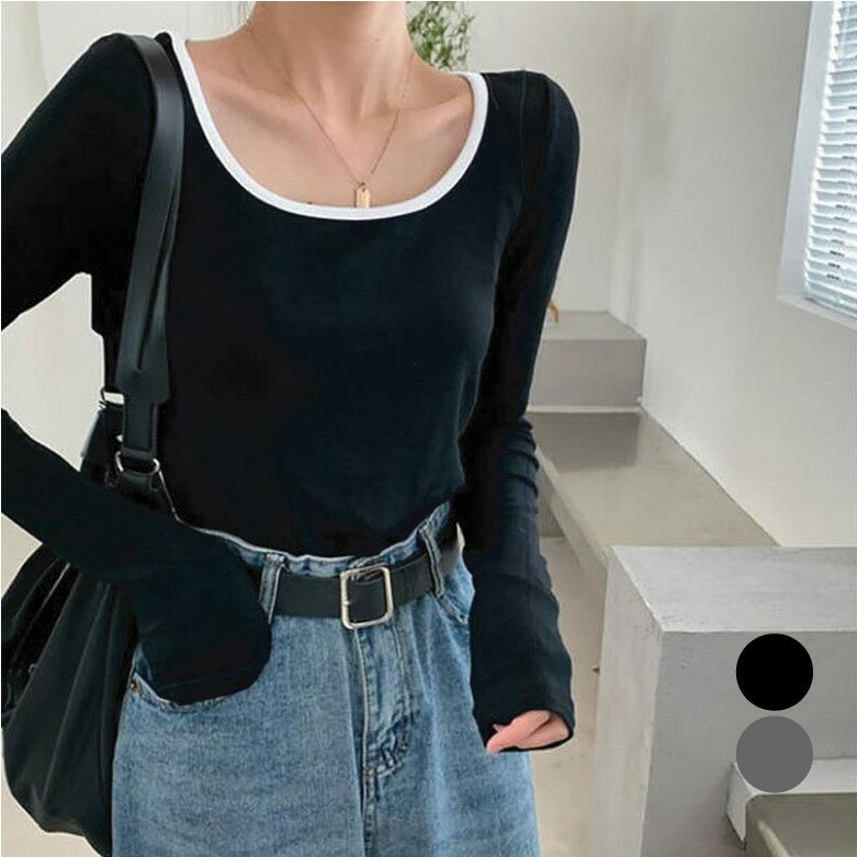 リンガー カットソー レディース 【 送料無料 】 ロンT 長袖 Tシャツ トップス 無地 Uネック バイカラー 韓国 ギャル カジュアル シンプル ファッション コーデ 23240のサムネイル