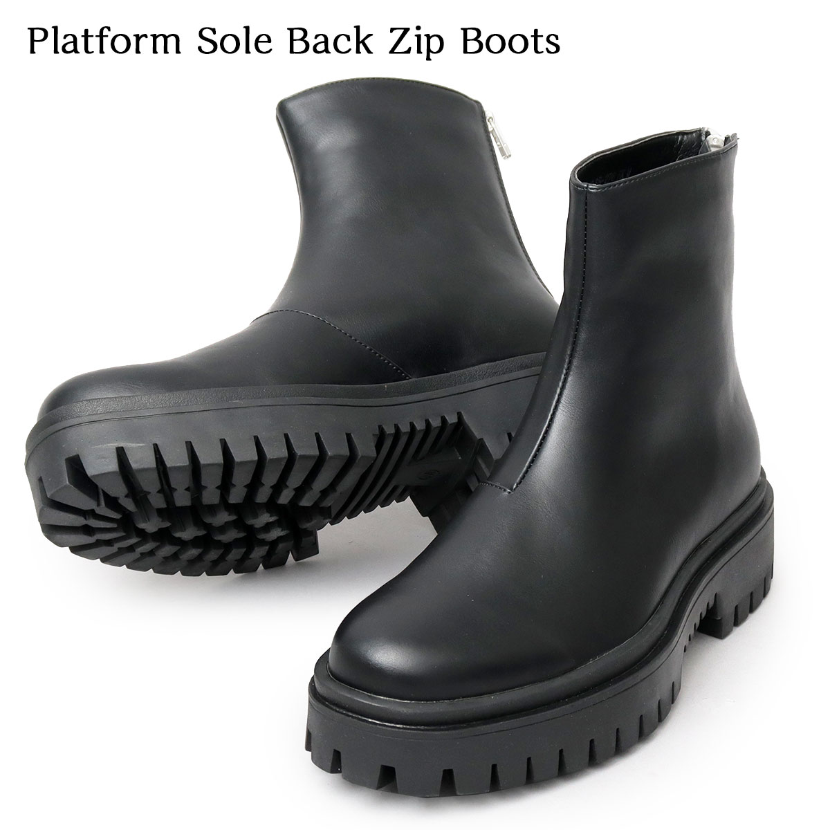 PLATFORM SOLE BACK ZIP BOOTS ブーツ ショートブーツ メンズ 超厚底 タンクソール バックジップブーツ オールブラック フェイクレザー 合成皮革 合皮 PUレザー ミニマルデザイン モード シンプル 無地