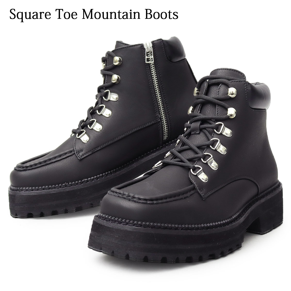 SQUARE TOE MOUNTAIN BOOTS ブーツ メンズ ショートブーツ メンズブーツ マウンテンブーツ 合成皮革 合皮 フェイクレザー スクエアトゥ レースアップ ワークブーツ 黒 くろ シンプル