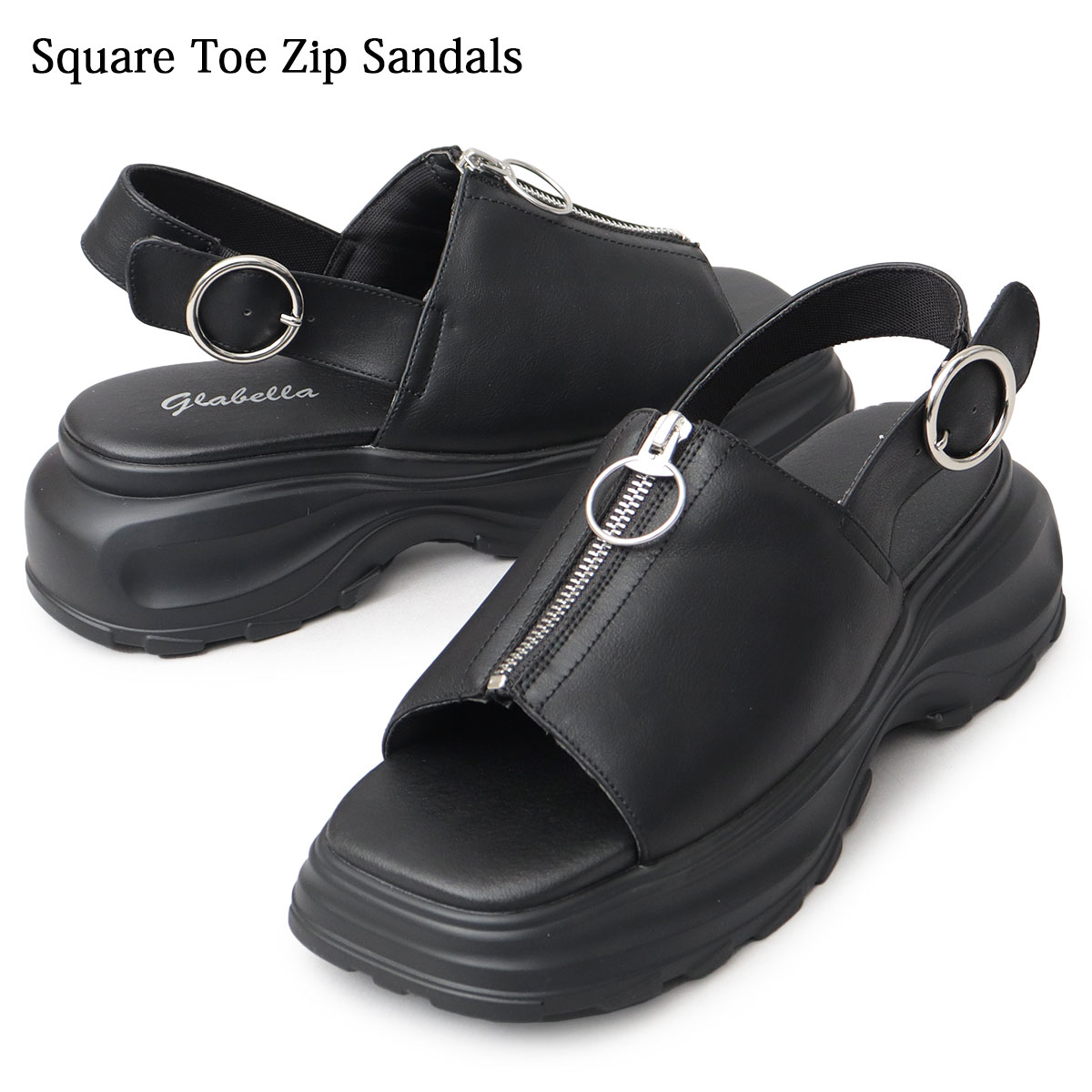 楽天やさしさON-LINESQUARE TOE ZIP SANDALS サンダル メンズ 靴 黒 ブラック おしゃれ 厚底 スライドサンダル ジップサンダル 厚底サンダル スポーツサンダル スポサン スクエアトゥ くつ シューズ チャンキーソール くろ 無地 ゴツめ ゴツい かっこいい 男子 高校生 大学生