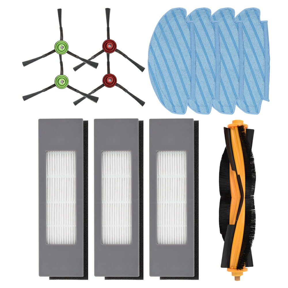 エコバックス T9 / T8 / T8 AIVI / T5 / N7 / N8シリーズ対応 交換用消耗品セット 互換品 (フィルター3個 サイドブラシ2セット ローラーメインブラシ1本 清掃モップ4枚） ECOVACS / DEEBOT / OZMO