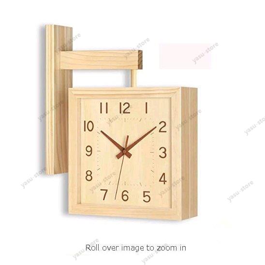 木製掛け時計 両面時計クロック 無垢 木製指針 四角い 木製時計 天然木 連続秒針 静音 部屋装飾