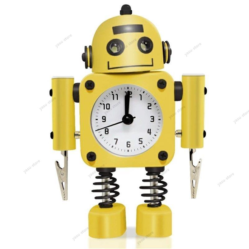 ロボット 目覚まし時計 ステンレス メタル - ウェイクアップクロック 点滅 アイライト と ハンドクリップ付き イェロー