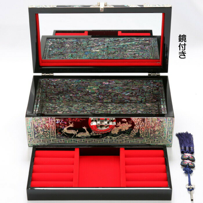 【螺鈿細工 鶴・満月柄 ジュエリーボックス】アクセサリーケース 鍵付き 鏡付き 韓国 小物入れ 宝石箱 アクセサリー ジュエリー 指輪 リング 螺鈿 伝統工芸