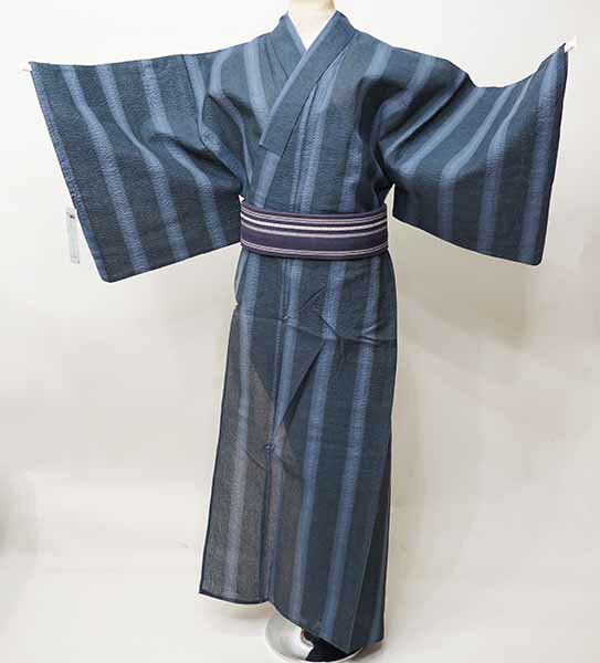 浴衣 単品 男性用 Lサイズ 綿75% 麻25% 墨黒色×グレー 縞 ゆかた 夏祭り 花火 和装着物 新品(株)安田屋 NO41718