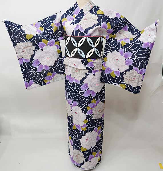 浴衣 単品 仕立て上がり 女性用 綿100％ 4L 適応身長170-180cm 濃紺色地 花柄 夏祭り 花火大会 新品（株）安田屋 NO42134