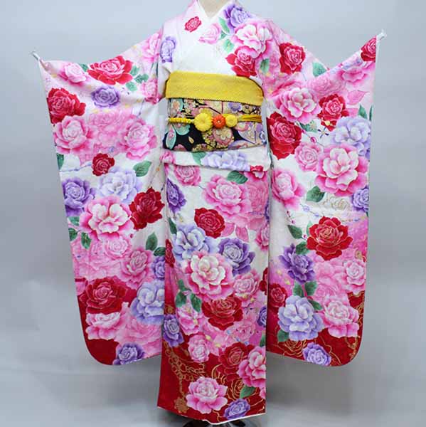 振袖 正絹 着物 単品 仕立て上がり 百花繚乱 バラ 牡丹 花刺繍 スワロスキー 白地 成人式 結納 結婚式 新品(株)安田屋 NO36656