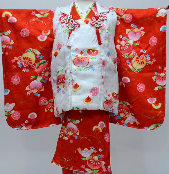 七五三 三歳 女児 正絹 被布着物祝着フルセット 赤色×白色 お仕立て無料 3歳 3才 三才 女の子 祝着 新品(株)安田屋 NO23405