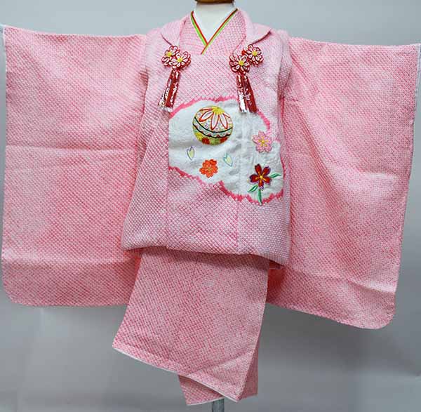 七五三 三歳 三才 3才 3歳 女児 女の子 正絹 総絞り ピンク 被布着物セット 祝着 お仕立て無料 新品(株)安田屋 NO37179