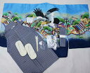 七五三 五歳 男児 着物 羽織袴フルセット 綸子地 金刺繍 縞袴 青地×紺 鷹 5歳 五才 5才 男の子 祝着 新品(株)安田屋 NO40393(4)
