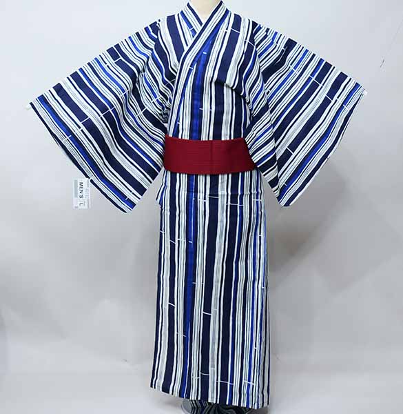 浴衣 男性用 単品 白×紺×青 縞 Lサイズ 綿100％ ゆかた 夏祭り 花火大会 新品（株）安田屋 NO40193