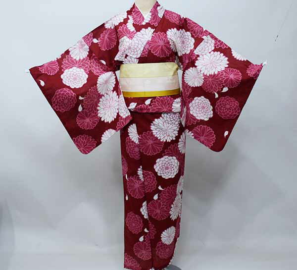 浴衣 女性用 単品 仕立て上がり 綿75% 麻25% 赤地 菊の花 適合身長152-167cm 新品(株)安田屋 NO40160