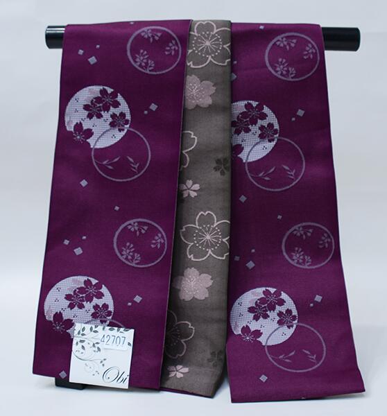 半幅帯 浴衣帯 細帯 日本製 ポリエステル100％ 袷 紫色×茶色 桜柄 リバーシブル レターパック便可 新品（株）安田屋 NO42707