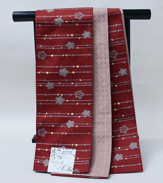 半幅帯 浴衣帯 細帯 日本製 ポリエステル100％ 袷 えんじ色×あずき色 梅の花 リバーシブル レターパック便可 新品（株）安田屋 NO42735
