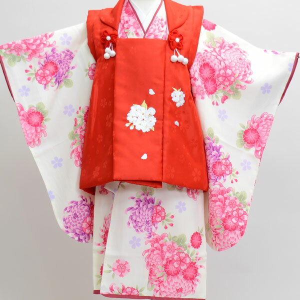 七五三 三歳 女児 女の子 祝着被布着物フルセット 小町変わり柄 白色×赤色 3才 3歳 三才 女の子 お仕立て無料 新品(株)安田屋 NO38009