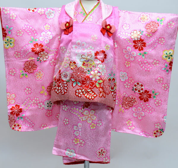 七五三 三歳 正絹 女児 被布着物フルセット 総疋田鹿子模様柄 半衿・ファー付 kawaiina 3才 3歳 三才 女の子 お仕立て無料 新品(株)安田屋 NO...