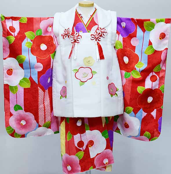 七五三 三歳 女児 女の子 被布着物フルセット 被布に刺繍入り 半衿伊達襟付き 花ひめ 合繊 三才 3歳 3才 お仕立て無料 新品(株)安田屋 NO37008
