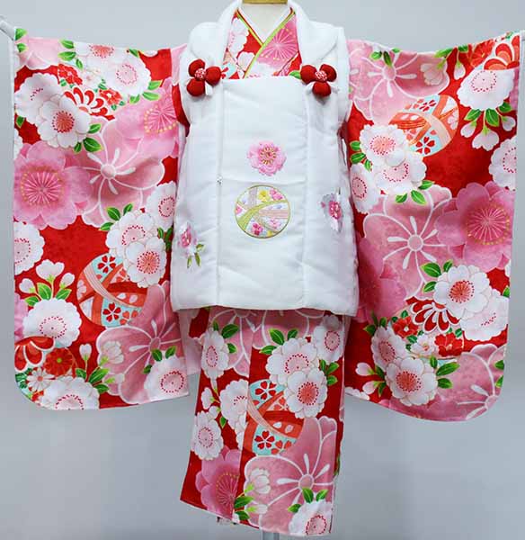 七五三 三歳 女児 女の子 被布着物フルセット 被布に刺繍入り 半衿伊達襟付き 花ひめ 合繊 三才 3歳 3才 お仕立て無料 新品(株)安田屋 NO37018