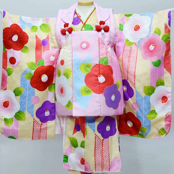 七五三 三歳 女児 女の子 被布着物フルセット 半衿伊達襟付き 花ひめ 合繊 三才 3歳 3才 お仕立て無料 新品(株)安田屋 NO36974