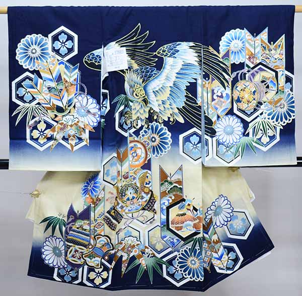 お宮参り 産着 のしめ 男児 男の子 正絹 綸子地 豪華絢爛 金刺繍 濃紺地 鷹 祝着 一つ身 掛け着 熨斗目 新品 (株) 安田屋 NO37883