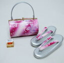 草履バッグセット 合皮螺鈿 桜 フリーサイズ 24cm 適合足サイズ 22.5cm~24.5cm 振袖 ピンク×シルバー 成人式 新品(株)安田屋 NO38321