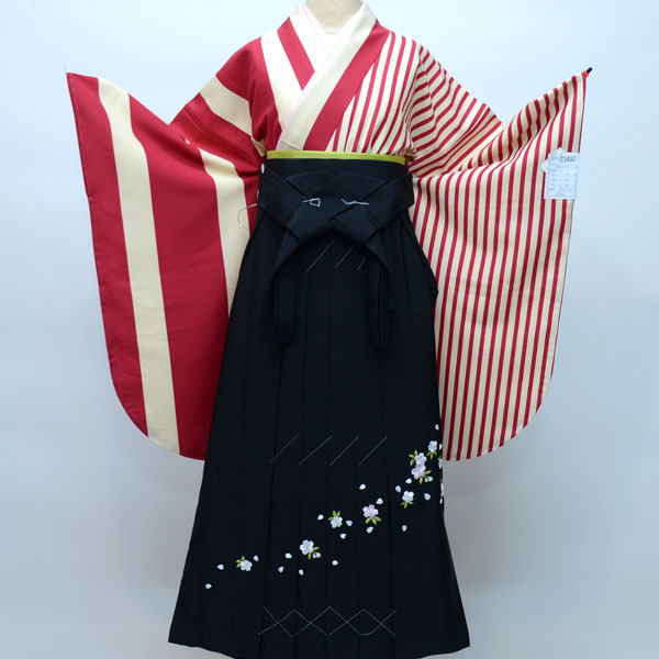 着物袴セット ジュニア用へ直し135cm〜143cm 半身仕立て 縦縞 着物生地は日本製 赤×ベージュ 袴変更可能 新品（株）安田屋 NO23480-02