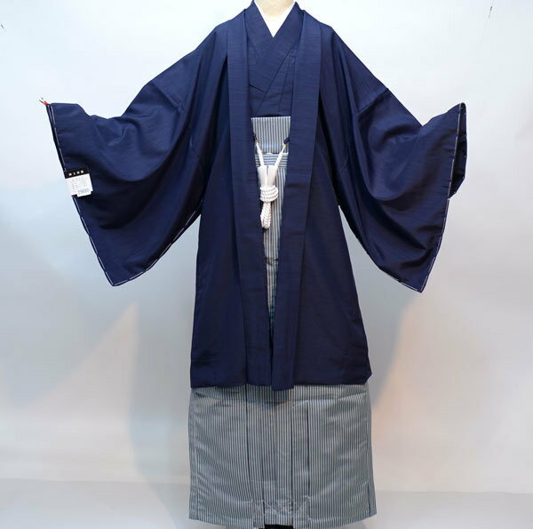 羽織 袴セット 紋付 袷 紺色 男性用 3Lサイズ 適合身長175-185cm 半襦袢 角帯 羽織紐付き 紋入れ可 新品(株)安田屋 NO29660-3L