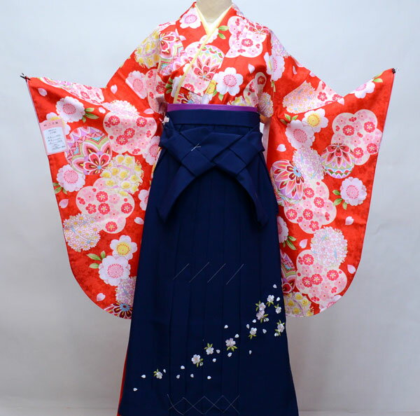 二尺袖 着物 袴フルセット 百花斉放 赤地 袴変更可能 卒業式 新品（株）安田屋 NO32593